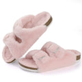 Women Fuzzy Slippers with Cork Footbed Fluffy Slide Sandals Open Toe Indoor House Shoes Arch Support Adjustable Slippers