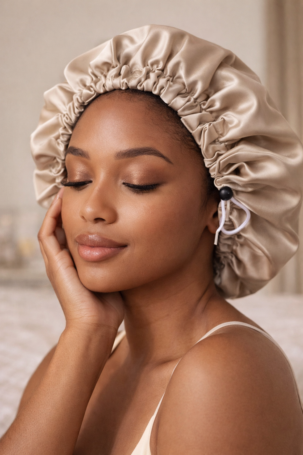 Large champagne satin adjustable sleep bonnet for hair protection -UpTied Scrunchie Co