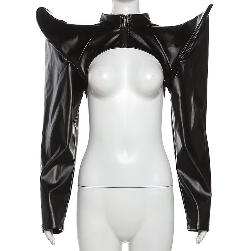 Cyber Y2K Punk Faux Leather Crop Jackets Gothic Grunge Streetwear Fashion Coats Zip up Female High Shoulder Cardigans