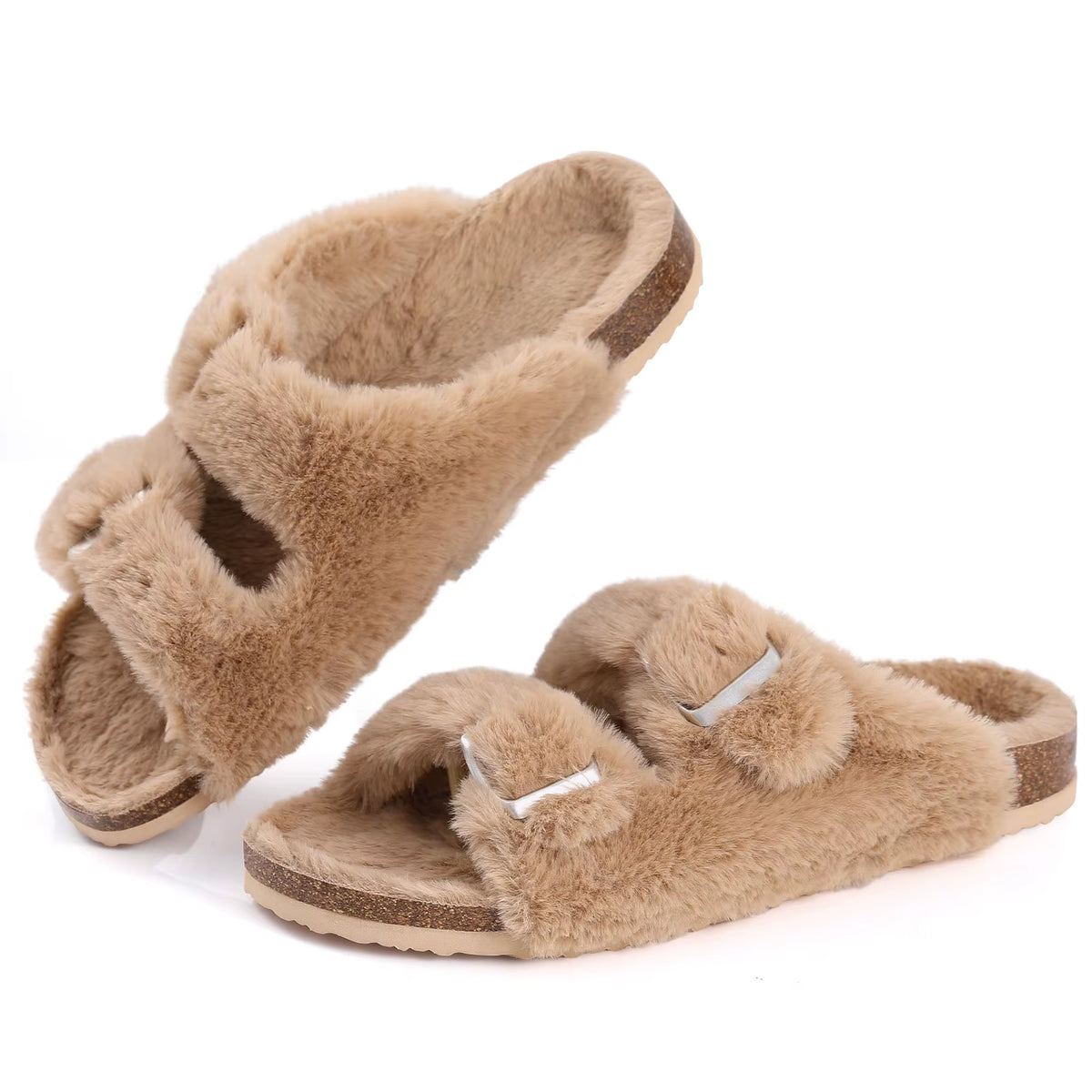 Cork Plush Flip Flops Clogs for Women Slippers Winter Furry Fluffy House Slippers with Arch Support Fuzzy Fur Flip Flops