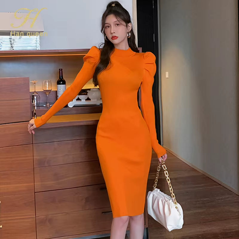 Autumn Long Sleeve Puff Sleeve Sweater Knit Dress Bottoming Simple Office Female Bottoming Pencil Knitted Vestidos