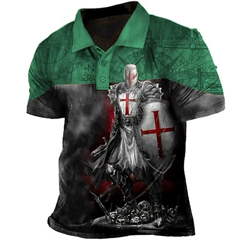 Retro Men'S Polo Shirt 3D Print Knights Templars Graphic Polo Shirts for Men Summer Short Sleeve Button Golf Shirt Men Clothes
