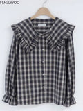 2022 Cotton Blends Basic Shirts Blouses Women Japan Preppy Style Design Ruffled Tops Ruffled Peter Pan Collar Plaid Button Shirt