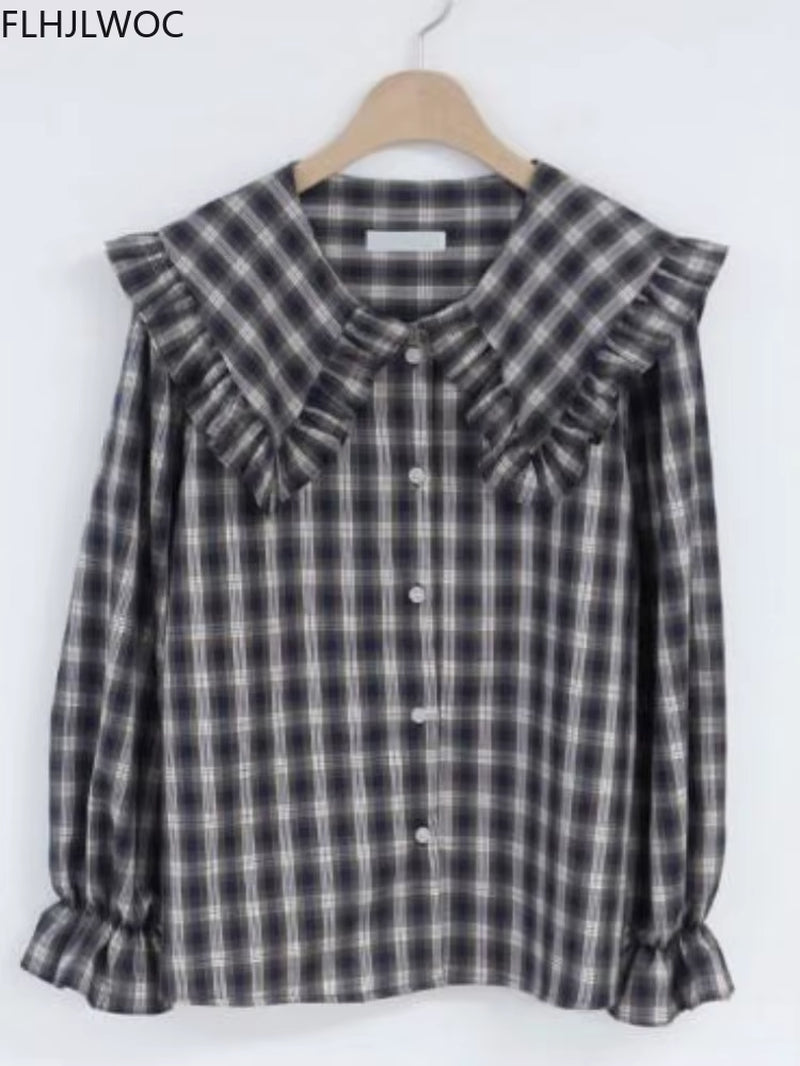 2022 Cotton Blends Basic Shirts Blouses Women Japan Preppy Style Design Ruffled Tops Ruffled Peter Pan Collar Plaid Button Shirt