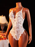 Sexy Crotchless Blue Lingerie Women Lace Hollow Bodysuit Erotic Pajamas Teddy Babydoll Dress Deep V Open Bra Porn Underwear Set