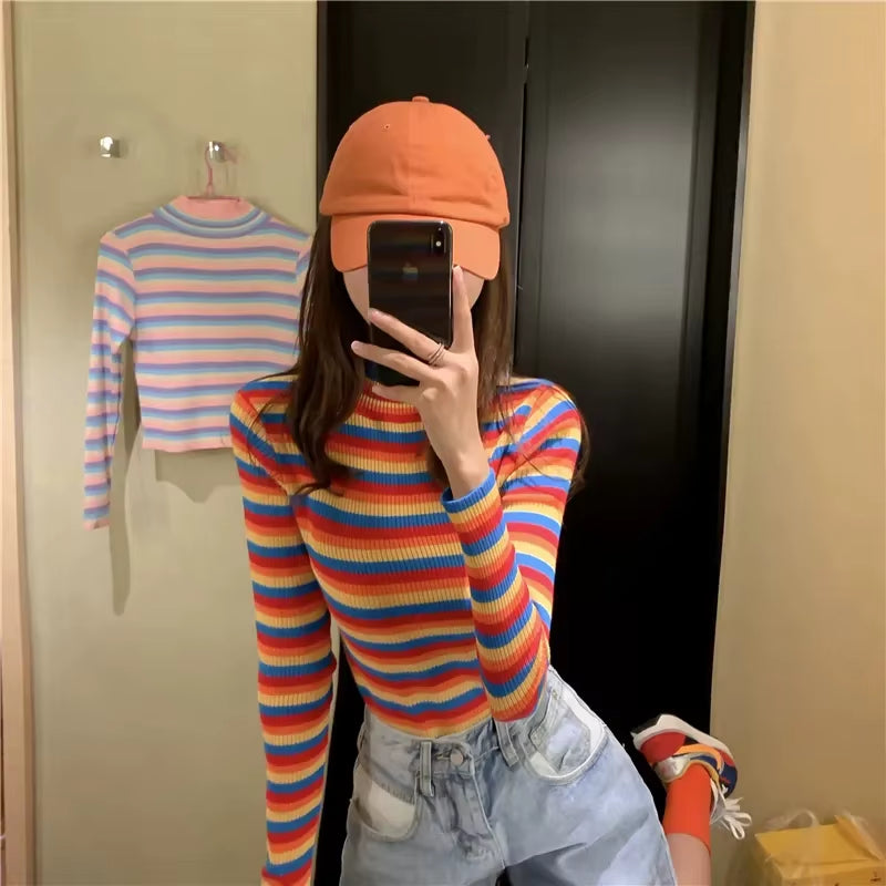 Neploe Rainbow Striped Sweater Y2K Cropped Tops Turtleneck Long Sleeve Pullover Women Sweaters Korean Patchwork Clothes Pull