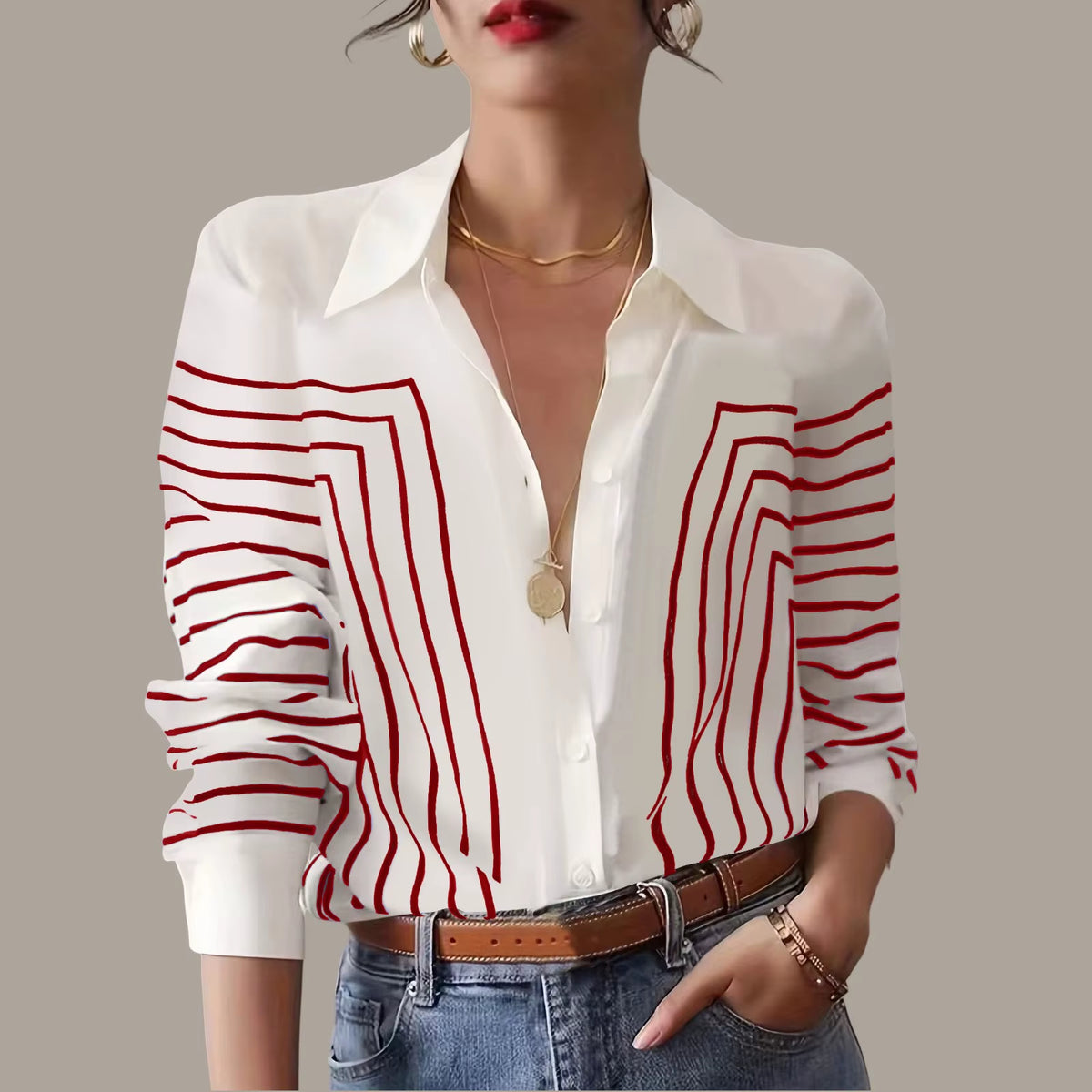 Women'S Shirts Blouses Elegance Line Print Button Shirt 2025 Spring Summer Female Clothing Office Lady Work Tops Blouses