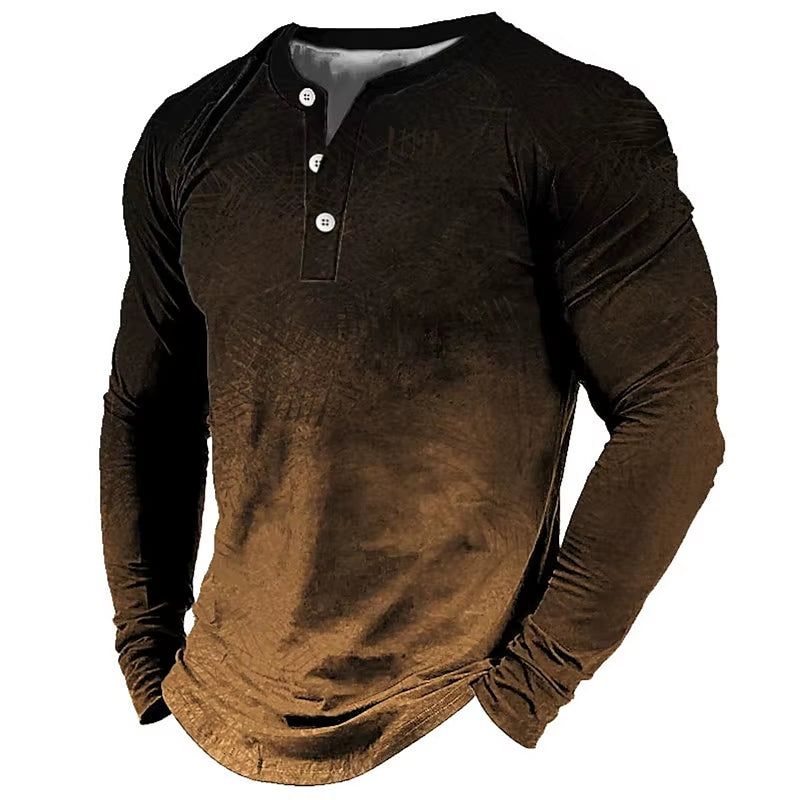 New Gradient 3D Print Henley Shirts Men'S Fashion Vintage Streetwear Oversized Button Long Sleeve T Shirt Tees Tops Man Clothing