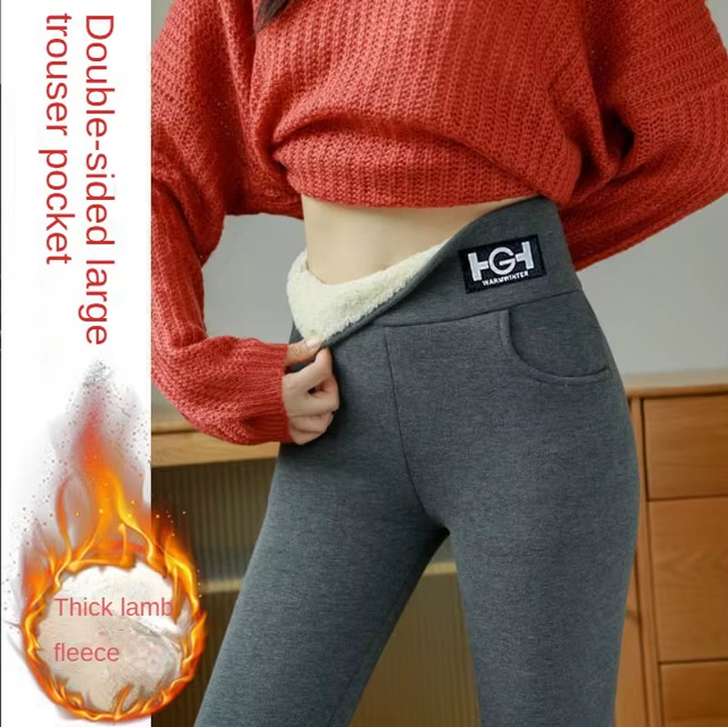 Winter Warm Leggings Women Pants Thermal Pantyhose Stockings Lined Pants Velvet Tights Pocket Leggins High Waist Wool Legging