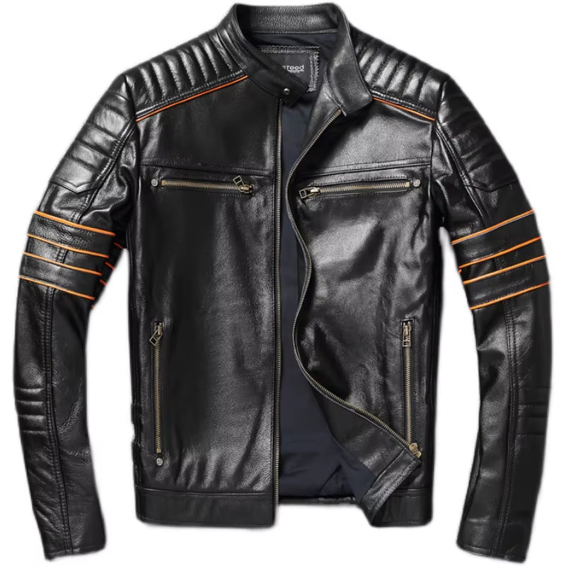 YR!, Wholeales. Black Men'S Genuine Leather Jacket. Cowhide Coat. Short Slim Skull Motor Biker Jackets, plus Size. Quality