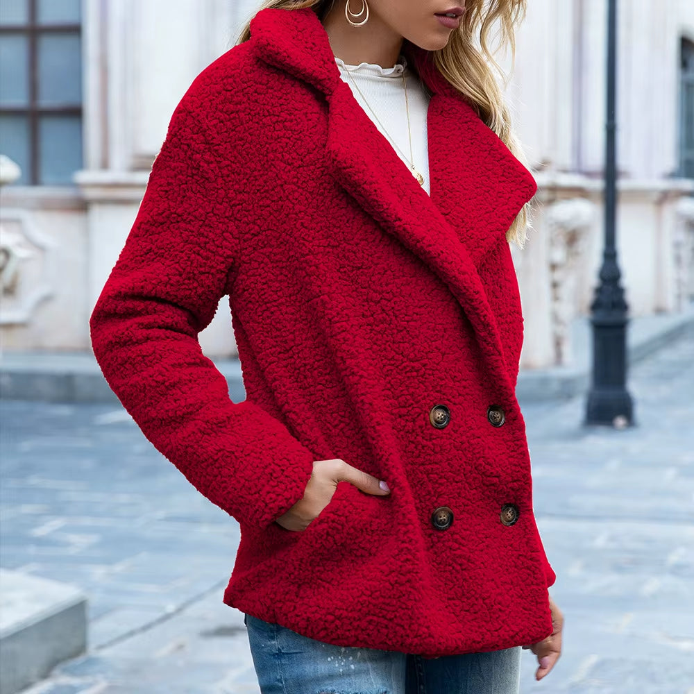 Autumn Winter Solid Faux Fur Fleece Coat Women Casual Warm Soft Fur Button Cardigan Jacket Plush Overcoat Coat Female Jacket
