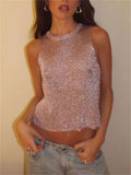 Sliver Women'S Sleeveless Slim Fit Tank Tops Casual See-Through Top Vest Corect Sequin Scoop Neck Tank Top Glitter Outfits