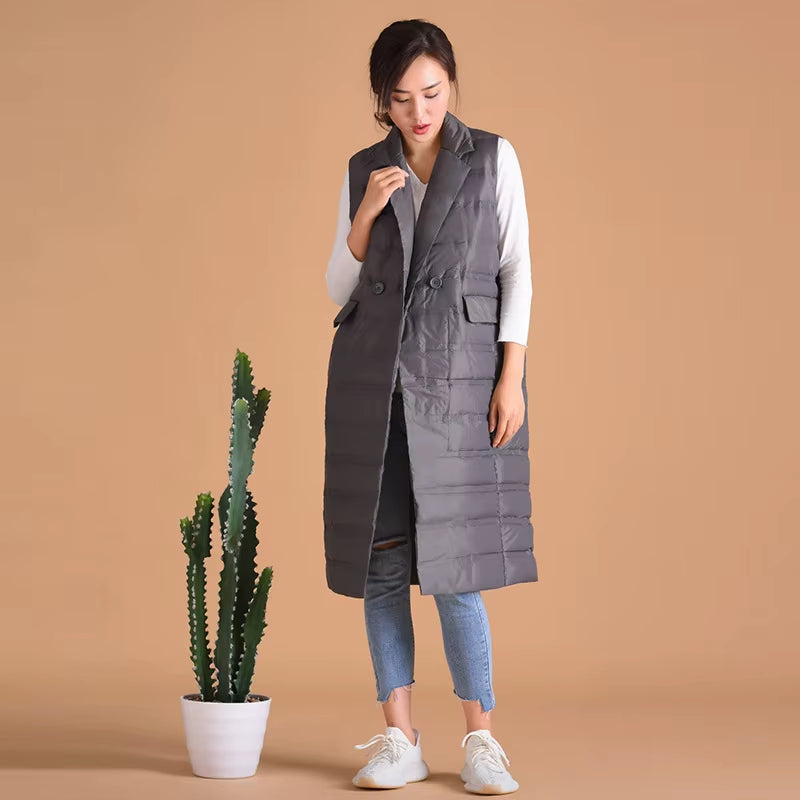 Brand Women'S Long Vest Ultra Light down Vests Female Sleeveless Windproof Lightweight Warm Long Waistcoat