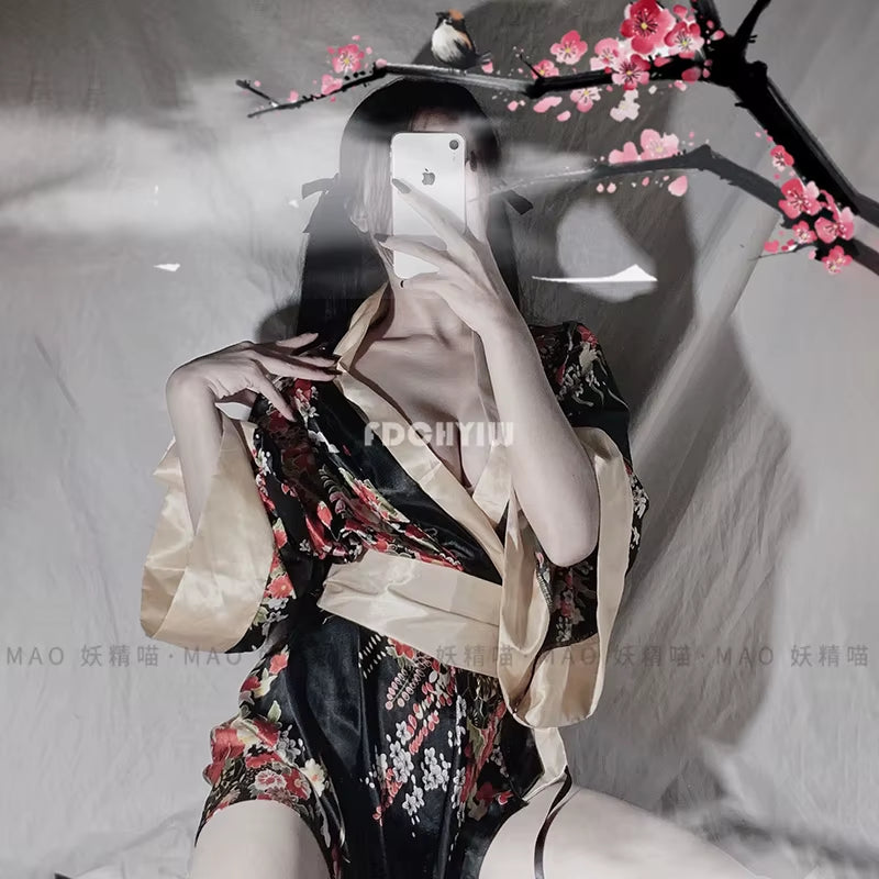Japanese Kimono Sexy Lingerie Cosplay Outfit for Women Traditional Style Robe Yukata Costumes Pajamas Soft Silk Belt 3Pcs Set