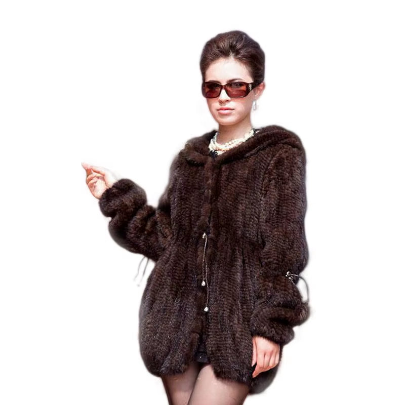 Women Fashion Fur Coat Slim Mink Knit Coat in the Long Section Even the Hat Fur Coats Winter Coat Women Jaqueta Feminina