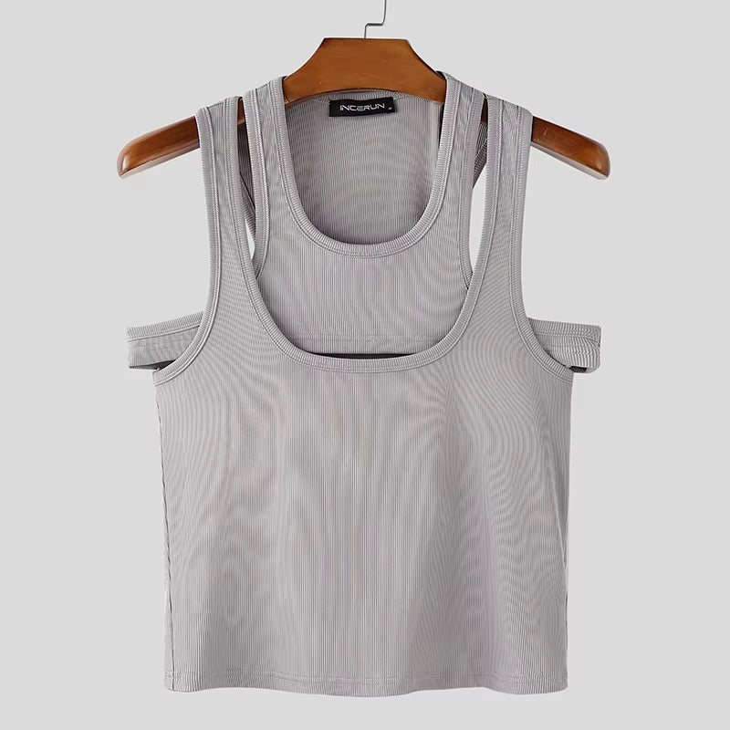 Men Tank Tops Solid Color Hollow Out O-Neck Sleeveless Male Vests Summer Streetwear 2025 Sexy Fashion Men Clothing S-3XL