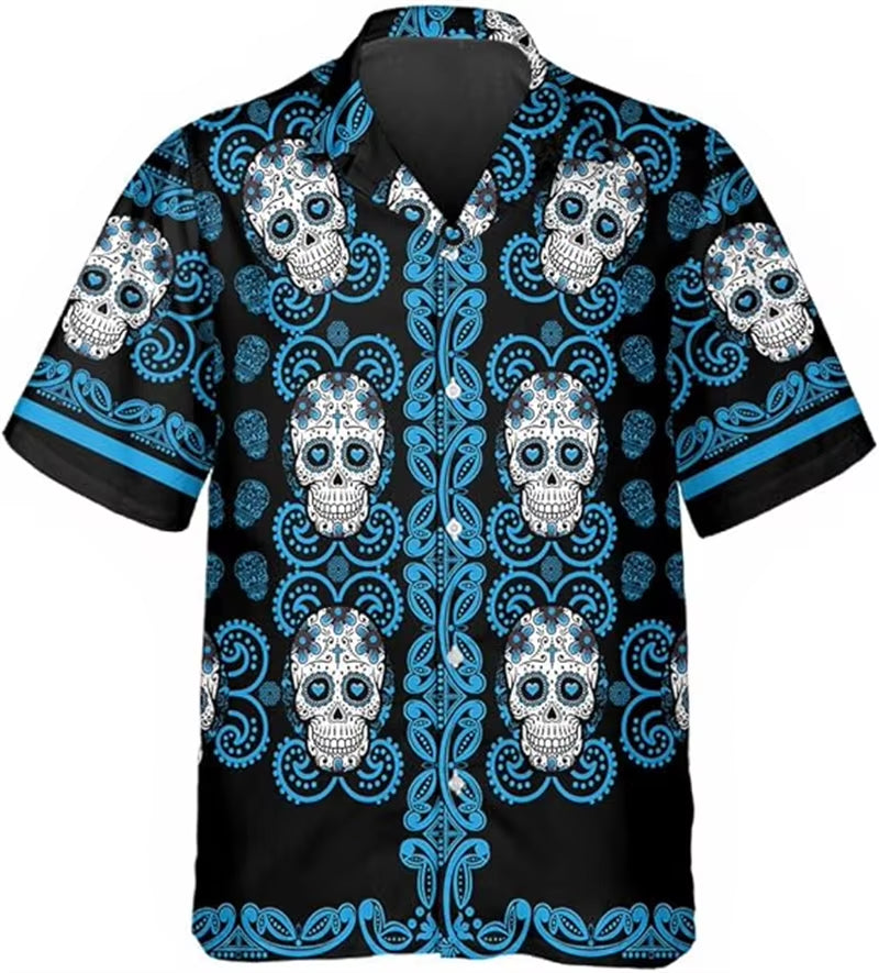 Gothic Skull Print Couple Button up Men'S Shirts Women Baroque Floral Skull Graphic Summer Casual Streetwear Tops Clothing