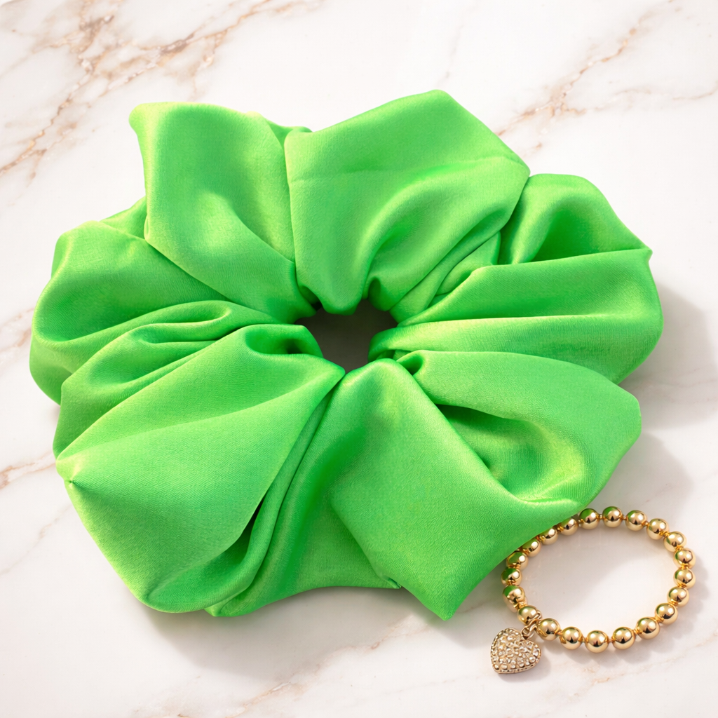 Cardio Queen – XL Neon Green Satin Scrunchie | Soft Shine, Active Hold, Everyday Energy