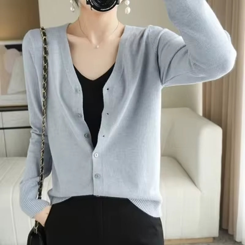 Cardigans Women 2025 Autumn Single Breasted V-Neck Knitted Sweater Fashion Short Knitwear Solid Blue Green Pink Women'S Jumpers