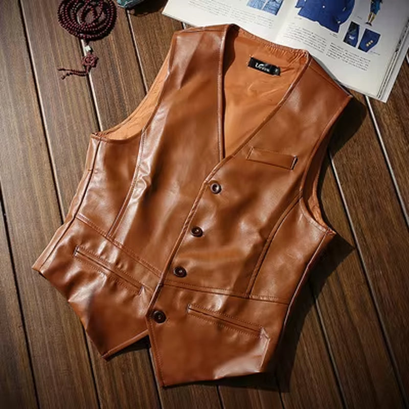 Autumn Men'S Vests Coats Fashion PU Leather Sleeveless Jackets Casual Outwear Biker Leather Waistcoats Mens Clothing
