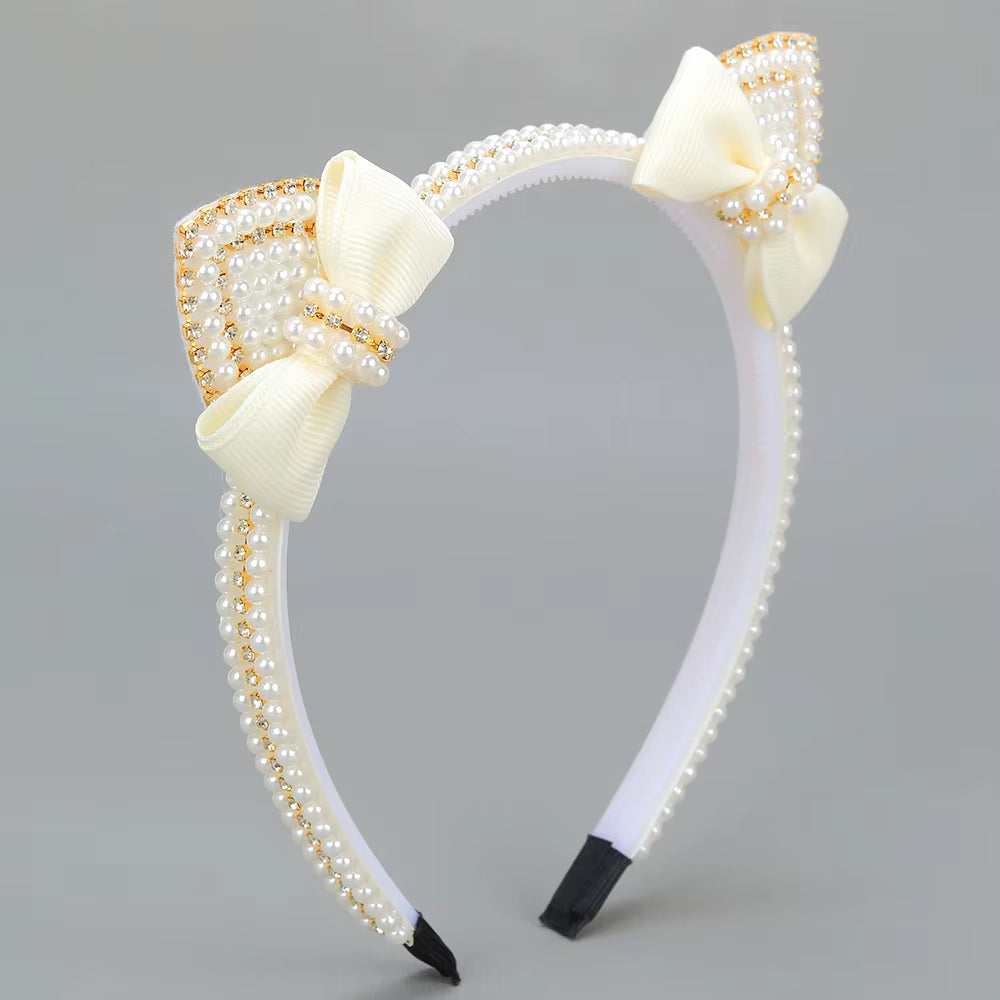 Cat Ear Headbands Sweet Cute Ears Elegant Pearl Bow Hairband for Girls Sweet Head Band Children Kid Hair Hoop Accessories Tiara