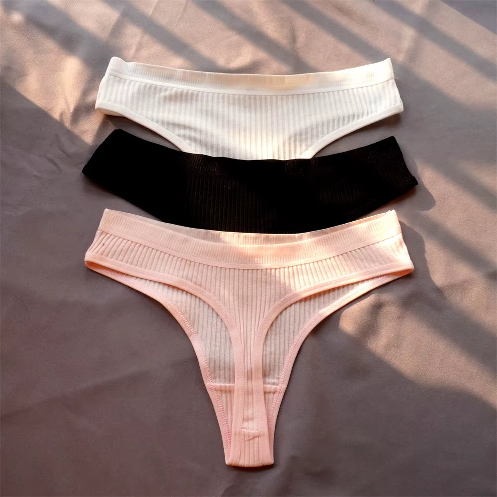 3 Pcs Seamless Ladies Ribbed Cotton Thong Simple Women'S Low Waist Bikini Briefs Sports Girls Underwear plus Size