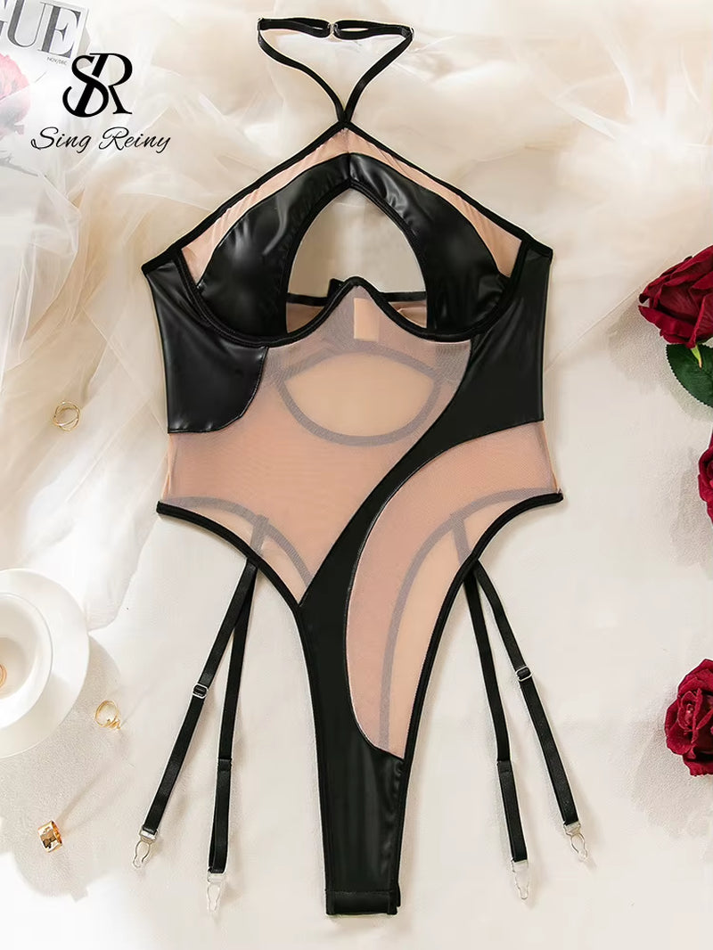 SINGREINY Halter Hollow Out PU Leather Playsuits Women Strapless Shapewear 2024 Fashion Patchwork Sheer Backless Sexy Bodysuits