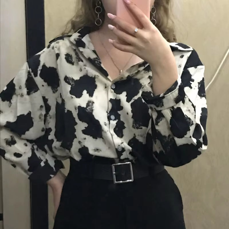 Spring Cow Print Button up Shirts Women Long Sleeve Blouse Korean Fashion Women Loose Clothes Chiffon Shirt Streetwear Tops New