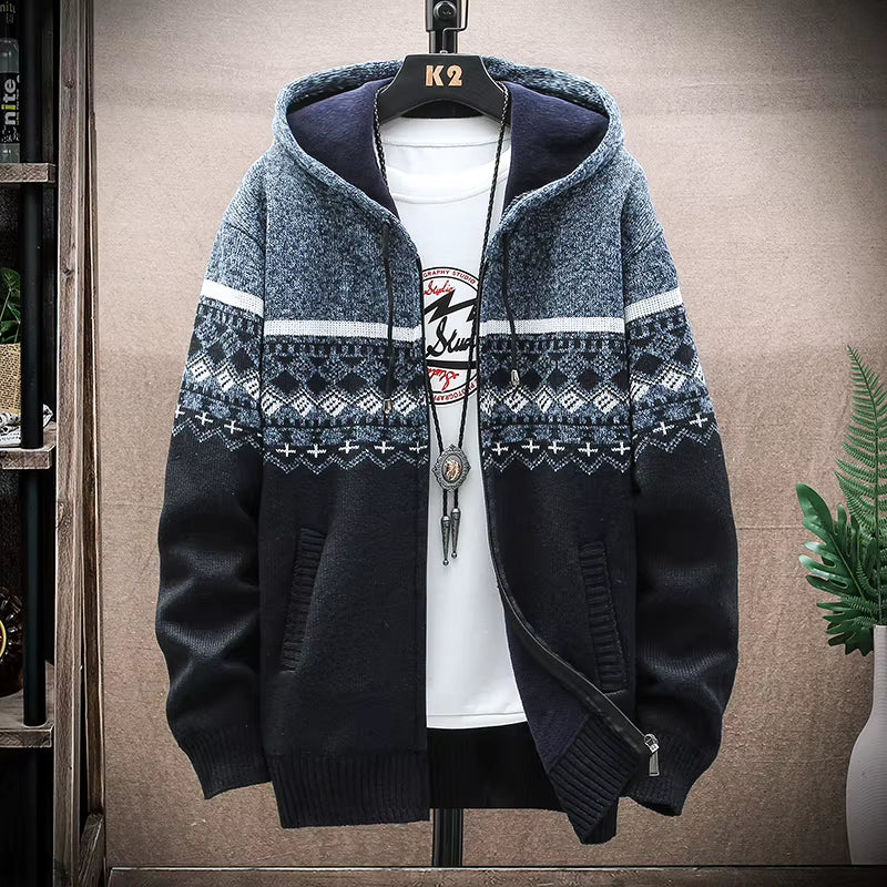 Men'S Fleece Warm Cardigan Plaid Sweater Hooded Winter Clothes Korean Knit Coat Full Zip Cardigans Jacket Fashion Jumper