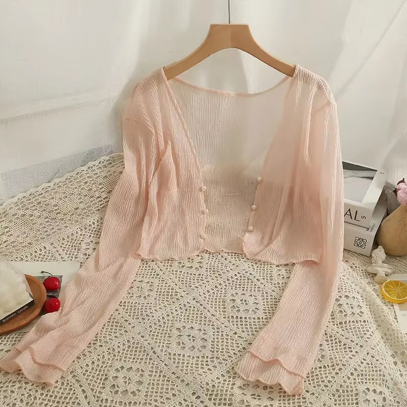 2025 Fairy Style Solid Cardigan Women Summer New Long Sleeve Sunscreen Sweet Beading V-Neck Basics Loose Chiffon Cardigan