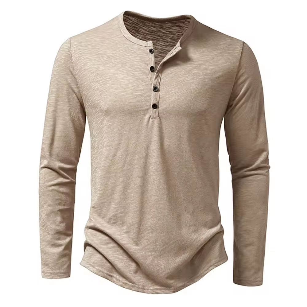 Autumn New Men'S Cotton Button Long Sleeve Henley Neck T-Shirt Casual Solid Color Breathable Versatile Fashion Slim T-Shirts