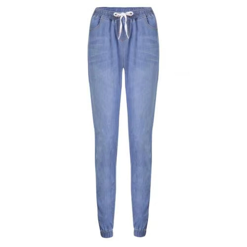 Casual Women Drawstring Elastic Waist Jeans Loose Denim Long Pants Drawstring Elastic Waist Jeans Denim Pants 2022