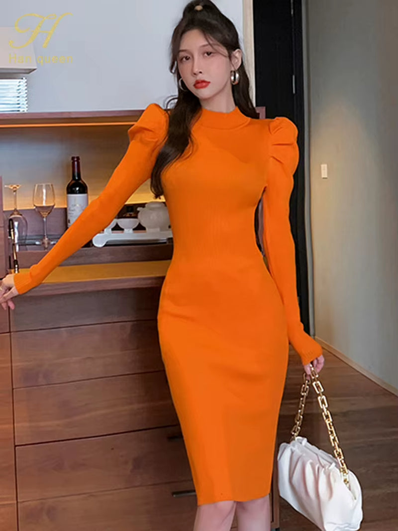 Autumn Long Sleeve Puff Sleeve Sweater Knit Dress Bottoming Simple Office Female Bottoming Pencil Knitted Vestidos