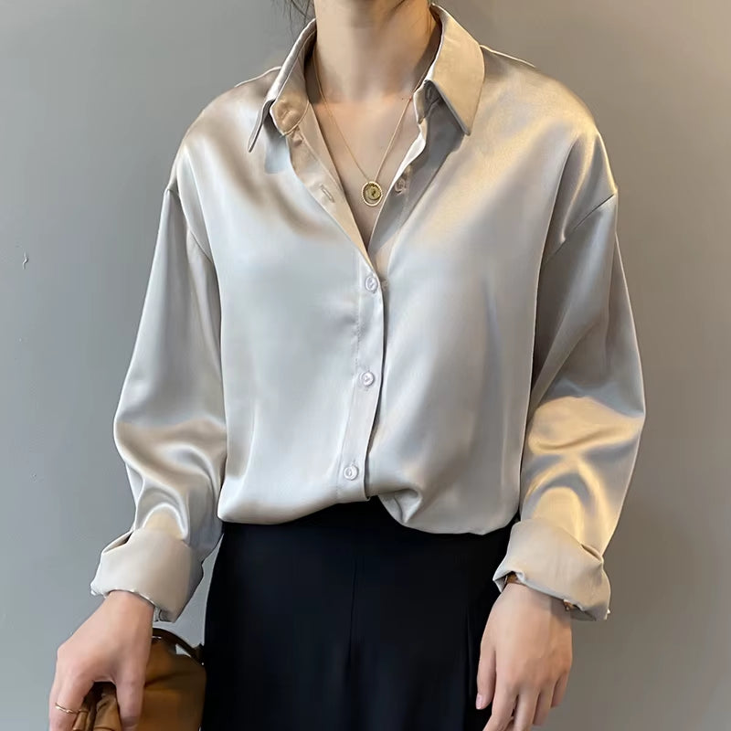 Spring Fashion Button up Satin Silk Shirt Vintage Blouse Women White Tops Lady Long Sleeves Female Loose Street Shirts 11355