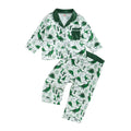 Little Boy Pajama Sets Lapel Neck Button-Up Tops Elastic Waist Long Pants Dinosaur Print Autumn Satin Loungewear Set