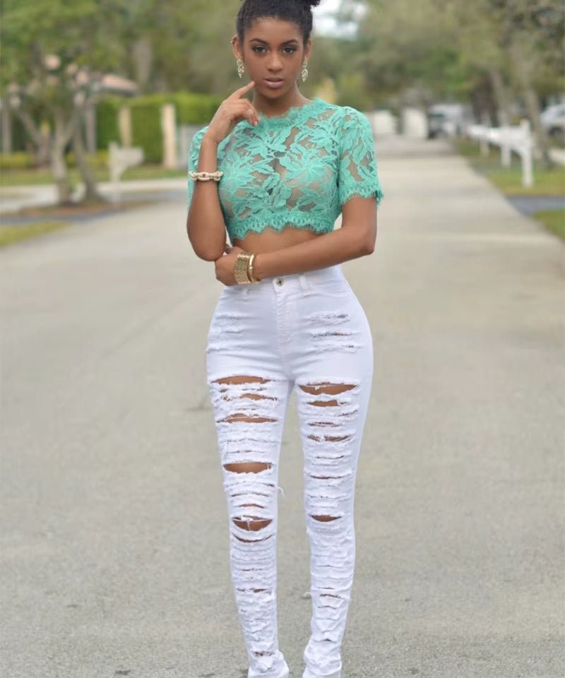 New Designer Denim Women 2025 High Waist Ripped Jeans for Women Skinny Black White Jeans Woman Elastic Slim Jean Female Femme