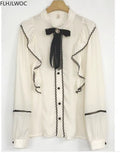 Women'S Ruffles Cute Bow Tie Tops Preppy Style Vintage Japanese Korea Design Button Elegant Formal White Pink Shirts Blouses