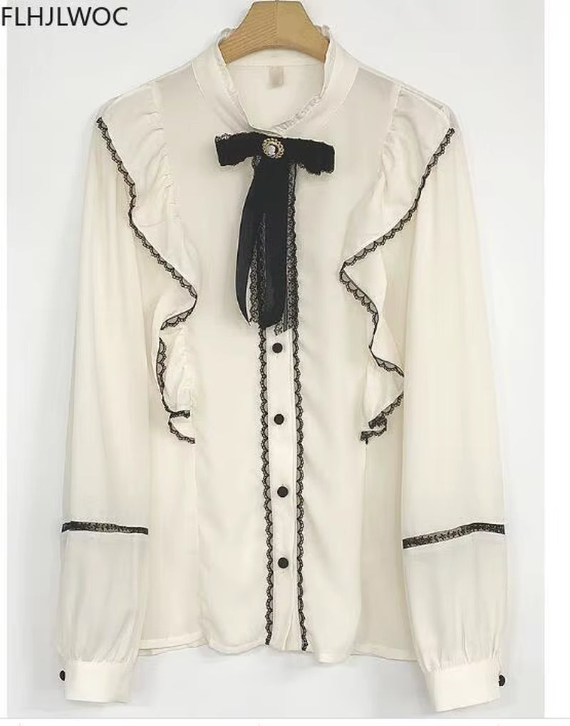 Women'S Ruffles Cute Bow Tie Tops Preppy Style Vintage Japanese Korea Design Button Elegant Formal White Pink Shirts Blouses