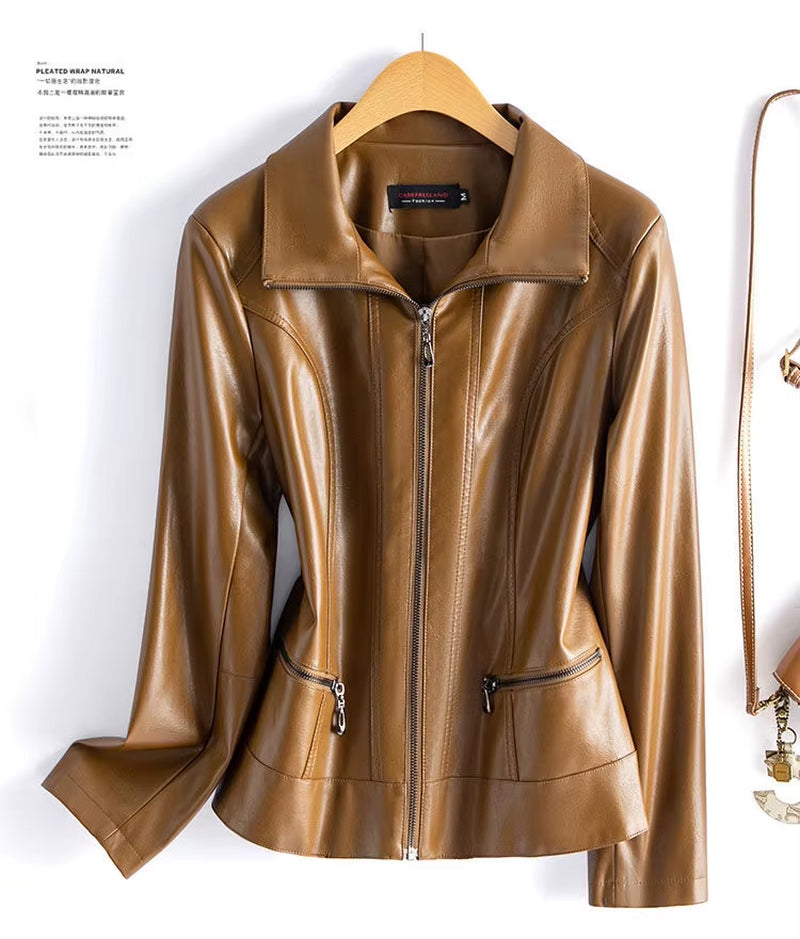 Fashion Women Sheepskin Leather Jacket Coats 2024 New Chic Wine Red Ladies Long Sleeve Lapel Collar Zipper Split Leather Jackets