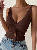 New Summer Women Drawstring Front Ribbed Knit Tops Femme Sexy V Neck Sleeveless Crop Top Clothes High Stretch Split Cropped Tank
