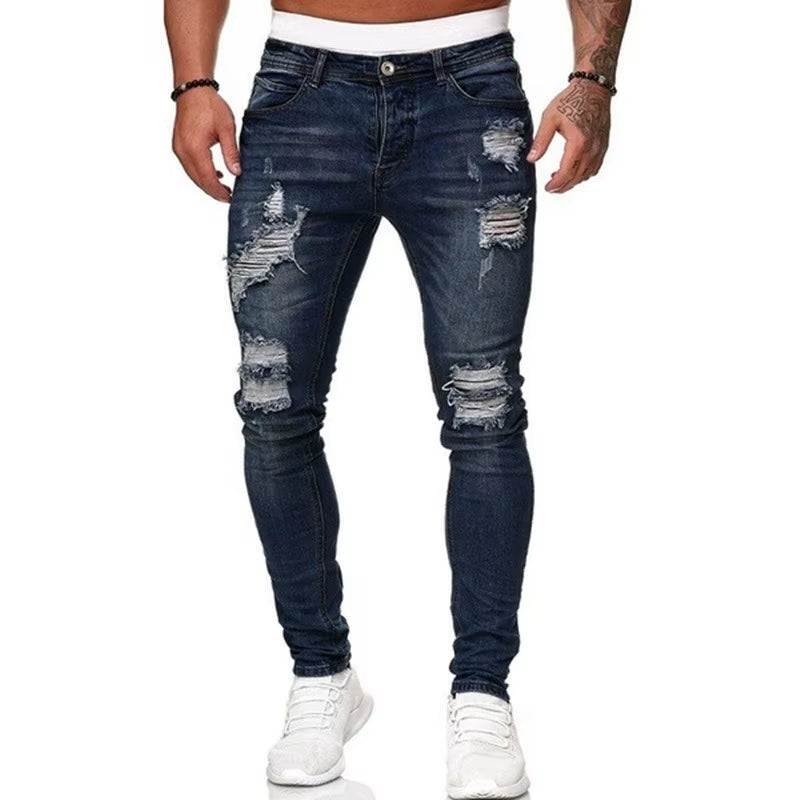 Fashion Street Style Ripped Skinny Jeans Men Vintage Wash Solid Denim Trouser Mens Casual Slim Fit Pencil Denim Pants Hot Sale