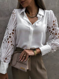 White Sexy Lace Hollow Out Women Blouse Autumn 2025 Spring Black Top Vintage Button up Shirts Long Sleeve Mesh Design Tops 19948