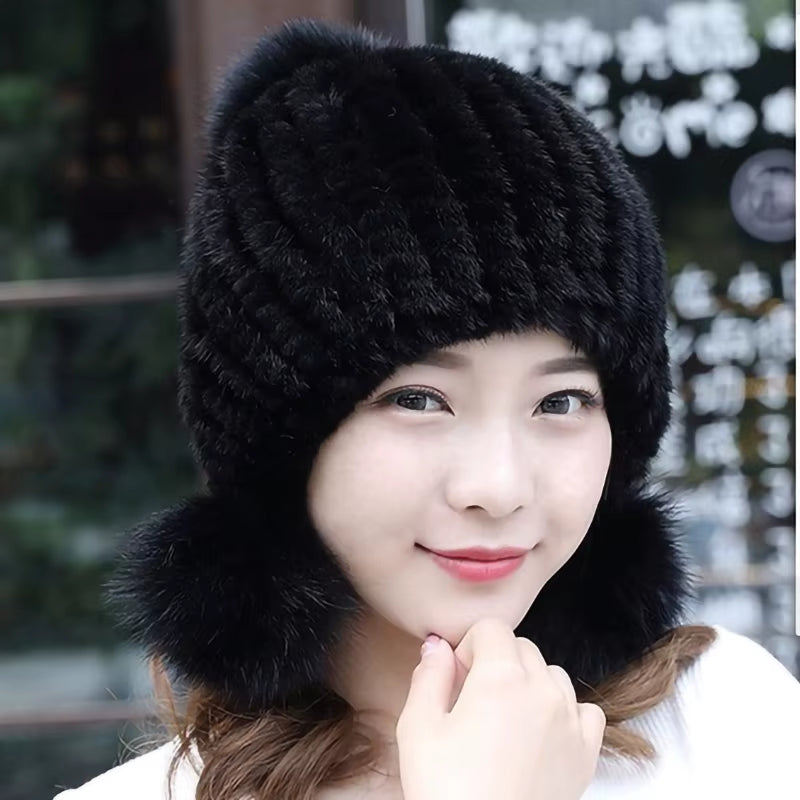 Real Mink Fur Knit Hat Winter Warm Women Fox Fur Ball Cap Fashion Fox Fur Beanie Warm Fur Hat