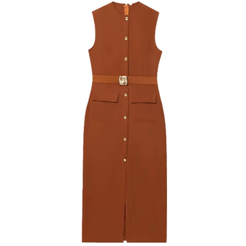 Womens Black Dresses Belt Long Dresses Summer 2025 Casual Women'S Dresses Midi Sleeveless Vestidos Button up Slim Dresses