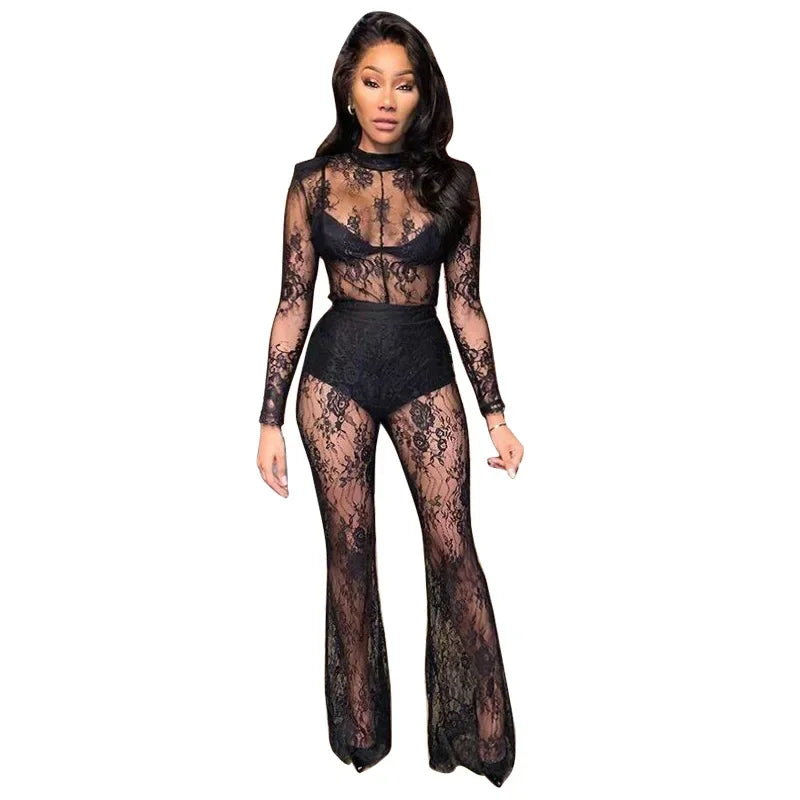 Sexy O-Neck Knitted Women Bodysuit Black Lace See-Through Tight Slim Party Nightclub Bodysuits Women Jumpsuit