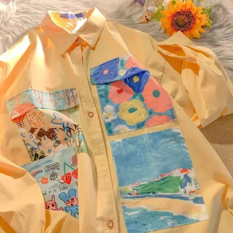 Yellow Oil Painting Print Shirts Women Spring Autumn Thin Loose Button up Blouses Long Sleeved Oversize Shirt for Teenage Girls