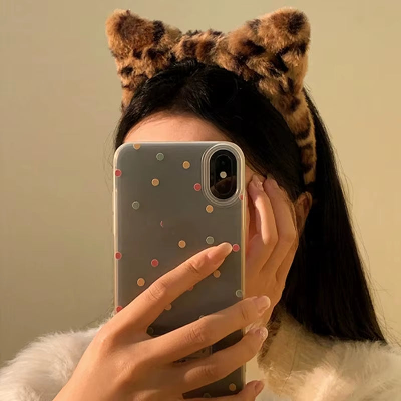 1/2Pcs Faux Fur Headwear Leopard Print Hair Accessories Hair Hoop Washing Face Plush Hair Bands Cat Ears Headbands Party Wear