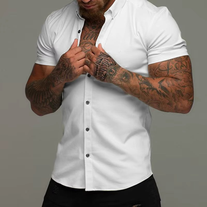 Men Slim Blouse Shirts Summer Casual Male Turn down Collar Short Sleeve Button Tops LXDZ-110