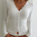 Women Lace Trim Soild Color Fall Tops Slim Fit V Neck Long Sleeve Button-Up Ribbed Shirts Elegant Streetwear