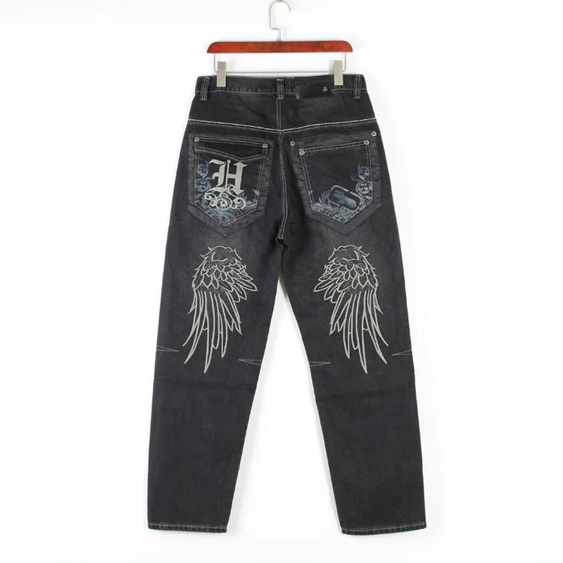 Man Loose Baggy Jeans Hiphop Skateboard Embroidery Denim Slacks Pants Men'S Black Trousers Chinese Size 30-46